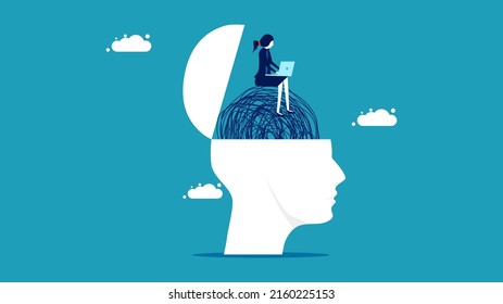 Busy thoughts at work. Businesswoman working on her head. business concept vector