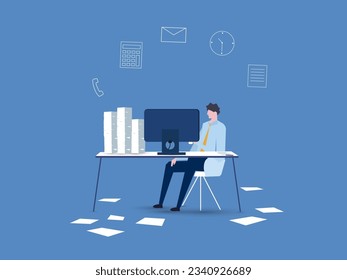 Busy time of businessman in hard working. A lot of work. Vector illustration.