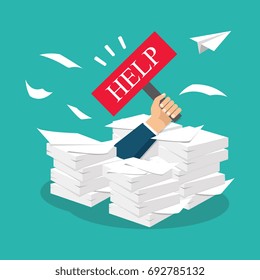 Busy time, stress at work concept. Vector. Overworked businessman under a paper pile, documents. Holding a HELP placard.
