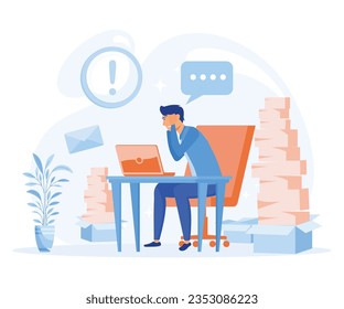 busy and tired businessman. working on his laptop among piles of papers and documents, flat vector modern illustration 