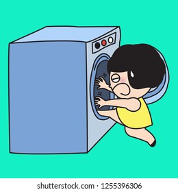 Busy Tired Exhausted Worker Girl Walking into Laundromat Washer Or Washing Machine To Get Herself Clean Concept Card Character illustration