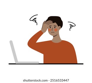 Homem ocupado cansado usando laptop. Negócios, excesso de trabalho, prazo do projeto, depressão, ansiedade, conceito de esgotamento. Ilustração de vetor de caractere plano isolada no plano de fundo branco.