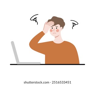 Busy tired man using laptop. Business, overwork, project deadline, depression, anxiety, burnout concept. Flat character vector illustration isolated on white background.