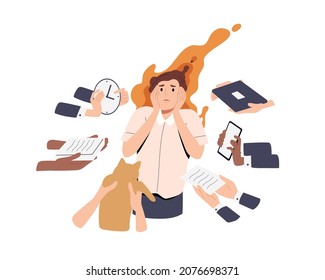 Busy tired person overloaded with plenty of work and personal tasks. Woman in stress under pressure of many different businesses and burdens. Flat vector illustration isolated on white background