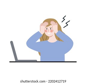 Busy tired woman using laptop. Frustration, overwork, business, project deadline, depression, anxiety concept. Flat character vector illustration isolated on white background.