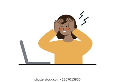 Busy tired woman using laptop. Frustration, overwork, business, project deadline, depression, anxiety concept. Flat character vector illustration isolated on white background.