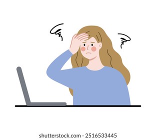 Mulher cansada ocupada usando laptop. Negócios, excesso de trabalho, prazo do projeto, depressão, ansiedade, conceito de esgotamento. Ilustração de vetor de caractere plano isolada no plano de fundo branco.