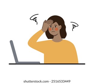 Mulher cansada ocupada usando laptop. Negócios, excesso de trabalho, prazo do projeto, depressão, ansiedade, conceito de esgotamento. Ilustração de vetor de caractere plano isolada no plano de fundo branco.