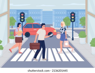 Busy town flat color vector illustration. Modern urban lifestyle. Public area. Busiest crosswalk. Pedestrians crossing road 2D simple cartoon characters with cityscape on background