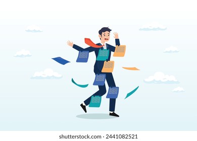 Busy tried businessman cover with adhesive reminder sticky notes on him, too many ideas, overworked or busy schedule and reminders, procrastination or multi-tasking workaholic (Vector)