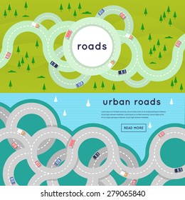 Busy urban asphalt roads and transport. 2 banners with place for text. Top view. Flat style vector illustration.