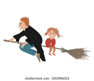 A busy wizard Dad flying on his broom stick with a little daughter. Halloween holiday concept. Flat style cartoon vector illustration.
