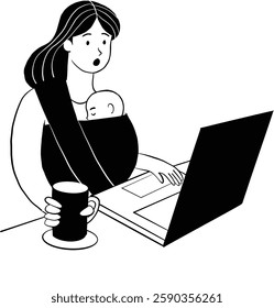 busy woman with baby in carrier working in front of laptop illustration vector