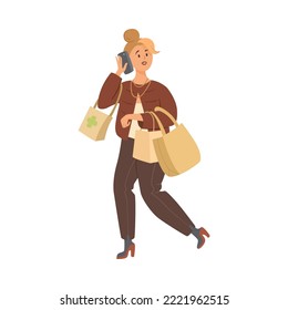 Busy woman with bags talking on phone cartoon illustration. Woman with purchases going and chatting with someone on phone. Occupation concept