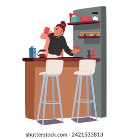 El Concurrido Personaje Femenino Sirve Un Desayuno Rápido Con Café Y Croissant, Mientras Se Vestimenta En Casa En Una Mañana De Remolino, Encantando La Gracia Incansable En Medio De La Rutina. Ilustración de vectores de personas de caricatura