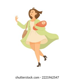 Busy woman with child in hand in hurry cartoon illustration. Mother with newborn baby running to hospital. Occupation concept