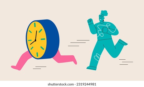 Busy woman and clocks running. Concept of deadline and time pressure. Colorful vector illustration