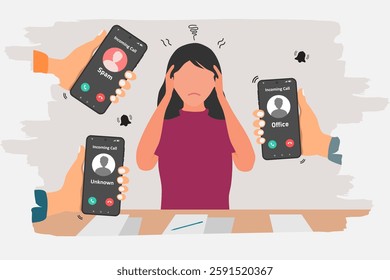 A busy woman is disturbed by the many incoming phone calls. Hand holding a smartphone with incoming call from unknown, spam, and office. Vector illustration.