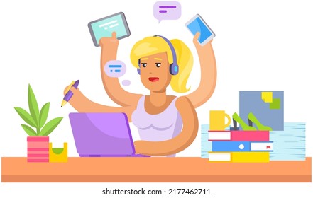 Busy woman doing simultaneously many tasks. Stressed lady doing housework and freelancing. Multitasking businesswoman working and housekeeping. Overload at work and home, brainstorming concept