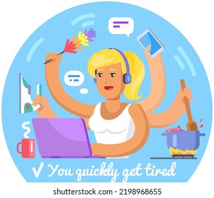Eine beschäftigte Frau, die gleichzeitig viele Aufgaben erledigt. Stressende Dame, die Hausarbeit und Freizeit leistet. Multitasking-Geschäftsfrau, die in der Arbeit und im Haushalt tätig ist. Überlast am Arbeitsplatz und zu Hause, Brainstorming-Konzept