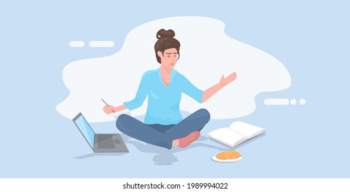 busy woman freelancer or student using laptop writing report during coronavirus pandemic quarantine