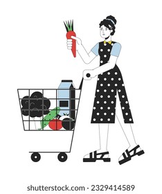 Busy woman go shopping flat line color vector character. Editable outline full body woman with shopping cart full of goods on white. Simple cartoon spot illustration for web graphic design