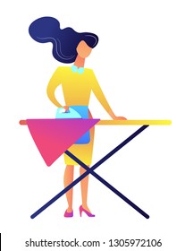 Busy woman ironing clothes on the board after laundry vector illustration. Housewife and household chores, housework and routine, cleaning service concept. Isolated on white background.