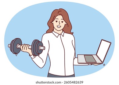 Busy woman with laptop and dumbbells multitasking and doing fitness to support figure. Businesswoman recommends to lead healthy lifestyle or deal with business issues in multitasking mode