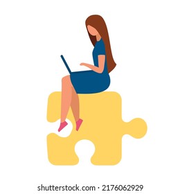 Busy woman with laptop sitting on puzzle piece semi flat color vector character. Sitting figure. Full body person on white. Simple cartoon style illustration for web graphic design and animation