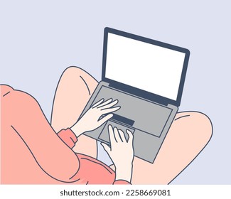 A busy woman with laptop top view, hand drawn style vector design illustration
