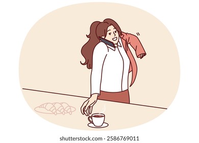 Busy woman makes business phone call having breakfast and puts on jacket hurrying to work. Busy businesswoman in hurry talking on phone and drinking coffee to get job done without breaking deadlines