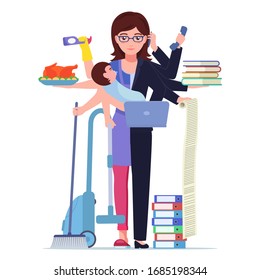 Busy woman mom. Vector illustration cartoon character single multitasking woman mother doing office work and homework alone. Balance business girl and mom housewife. Multitask hero mother housekeeper.