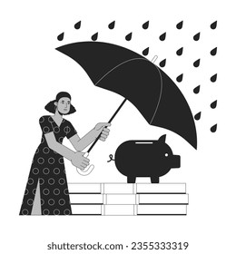 Busy woman protect savings from risks bw concept vector spot illustration. Shield from financial risk 2D cartoon flat line monochromatic on white for web UI design. Editable isolated color hero image