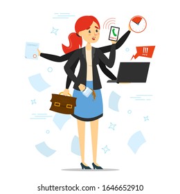 Busy woman trying to do many things at once vector isolated. Stressful multitasking person and deadline. Overworked female character with phone, laptop and documents. Too much work.