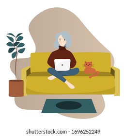 Busy woman working from home with cat.  Flat vector illustration. Quarantine or self-isolation. Remote work at home during coronavirus. Woman distantly works. Freelancer at home.