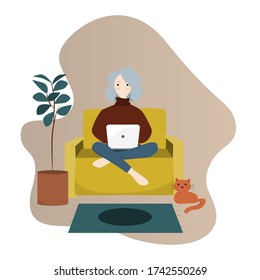 Busy woman working from home with cat.  Flat vector illustration. Quarantine or self-isolation. Remote work at home during coronavirus. Woman distantly works. Freelancer at home.