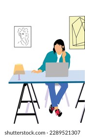 Busy Woman Working in Home Office with a laptop, business people work a laptop, women working with a laptop on the table, vector file, 