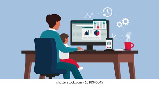 Busy woman working from home and taking care of her son, remote work and motherhood concept