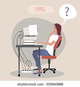 Busy woman working and thinking about computer problem. Year 1995. 90s Style