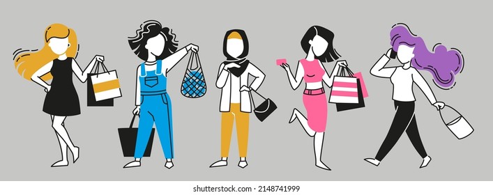 Busy women shopping, Vector illustration. Different nationalities woman. Trendy vector style