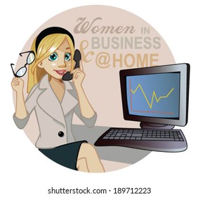 Busy Women Sitting In Front Of Computer, Multi Tasking, Answering Phone And Working Hard