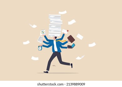 Busy work and multitasking employee, hurry to finish many documents within deadline and schedule, overworked or exhausted from overload tasks concept, stressful businessman carry busy work to finish.