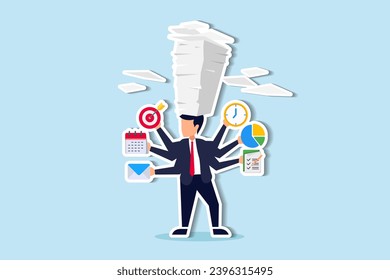 Busy work and multitasking employee, hurry to finish many documents within deadline and schedule, overworked or exhausted from overload tasks concept, stressful businessman carry busy work to finish.