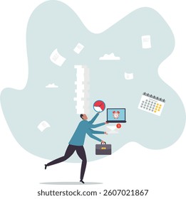Busy work and multitasking employee, hurry to finish many documents within deadline and schedule,character for design.