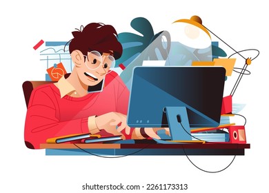 Busy worker sits at desk with computer, frantically typing and holding phone, vector illustration. Late overworking concept.