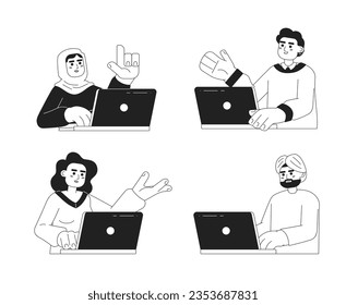 Busy workersmonochromatic flat vector characters pack. Editable thin line half body multicultural office workers on white. Simple bw cartoon spot image for web graphic design