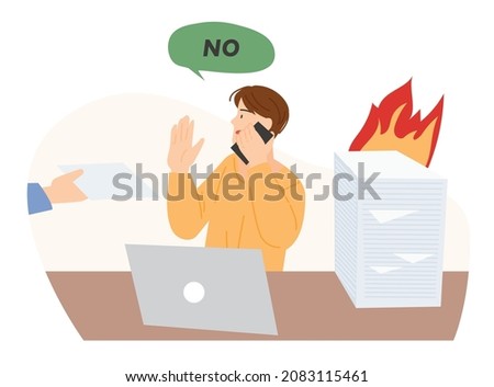 Busy working businessman is refusing hand to add work. flat design style vector illustration.