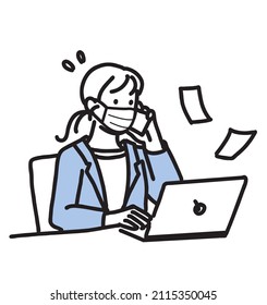 A busy working woman sitting in front of a computer wearing a mask and calling.