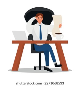 Ein beschäftigter junger Unternehmer mit am Arbeitsplatz sitzendem Dokument