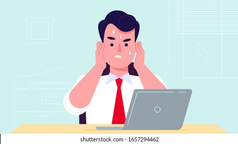 Busy young man office manager seating behind the laptop. flat design vector illustration. Business support idea. Manager working hard in stress. 